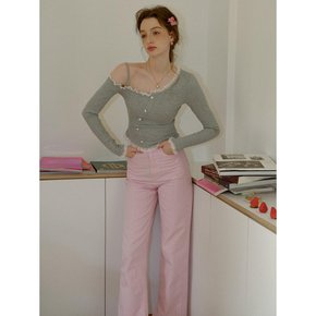 Cest_Pink striped wide pants