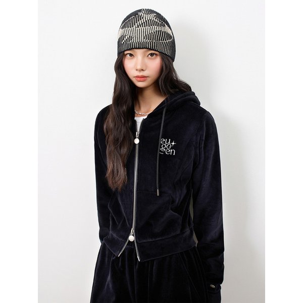 2WAY EUG 벨루어 라운지 후드 집업_블랙