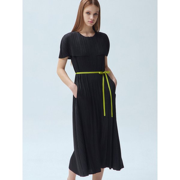 배색 칼라 퍼프소매 플리츠 롱 원피스_2colors