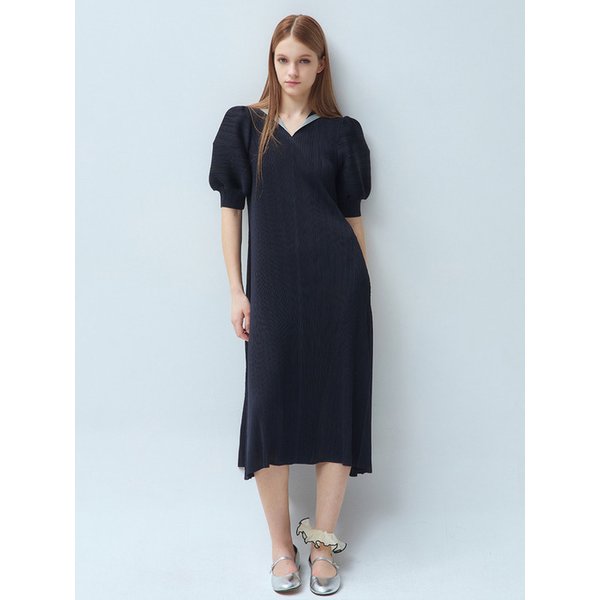 배색 칼라 퍼프소매 플리츠 롱 원피스_2colors