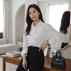 러플 플리츠 주름소매 쉬폰 정장 블라우스 페미닌 브라우스