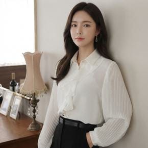 러플 플리츠 주름소매 쉬폰 정장 블라우스 페미닌 브라우스
