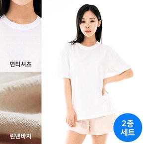 여성 여름 데일리 캐주얼룩 반팔면티셔츠+린넨반바지세트 TS24852W