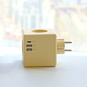 큐브 디자인 멀티탭 USB C타입 3구 옐로우