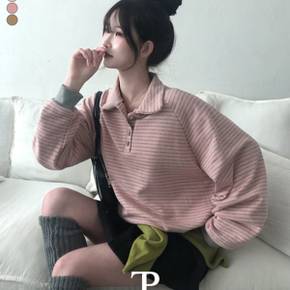 / 카배 루즈핏 스트라이프 버튼 카라 맨투맨