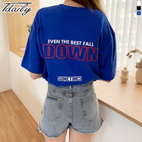 남여공용 폴다운 오버핏 반팔 라운드 레터링 티셔츠 빅사이즈_P077722911