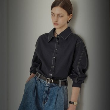 틸아이다이 Double stitch volume sleeve bio shirt_Navy