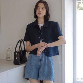 Check linen half sleeve jacket_Navy