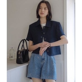 Check linen half sleeve jacket_Navy