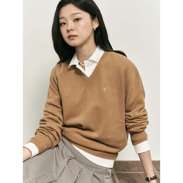 [B. my] 캐시미어 혼방 루즈핏 브이넥 니트  옐로이시 브라운 (BF5X51N01B)