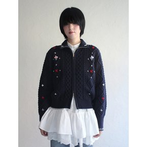 Alps Knit Zip-up Cardigan Flower Stitched by Hand_NAVY