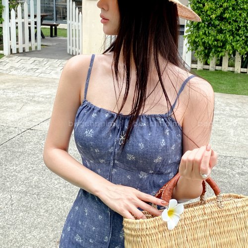 비치팜 / 실링 플라워 나시 롱원피스 여름 비치 드레스 쉬폰 셔링 리본 밴딩