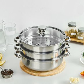스텐 3단 찜솥 28cm 2단찜기+전골냄비 IH인덕션 끓어넘침 튀틀림 방지