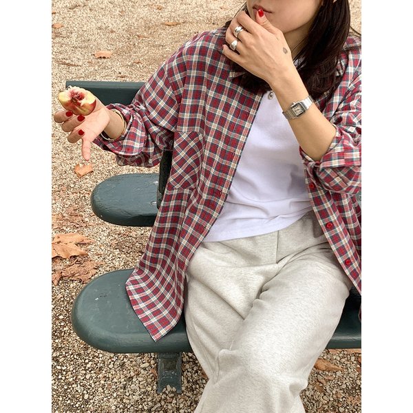 레브 코튼체크 루즈셔츠_RED