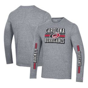 4807510 Champion Mens Heather Gray Carolina Hurricanes Tri-Blend Dual-Stripe Long Sleeve T