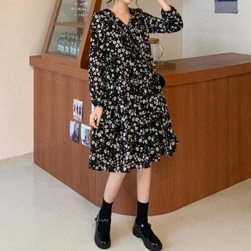 대학 여대생 개강 브이넥 꽃 플라워 무릎 긴팔원피스(1)