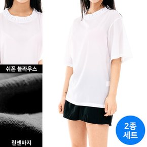 여성 여름 쉬폰 반팔블라우스 티셔츠+린넨반바지세트 TS213152W