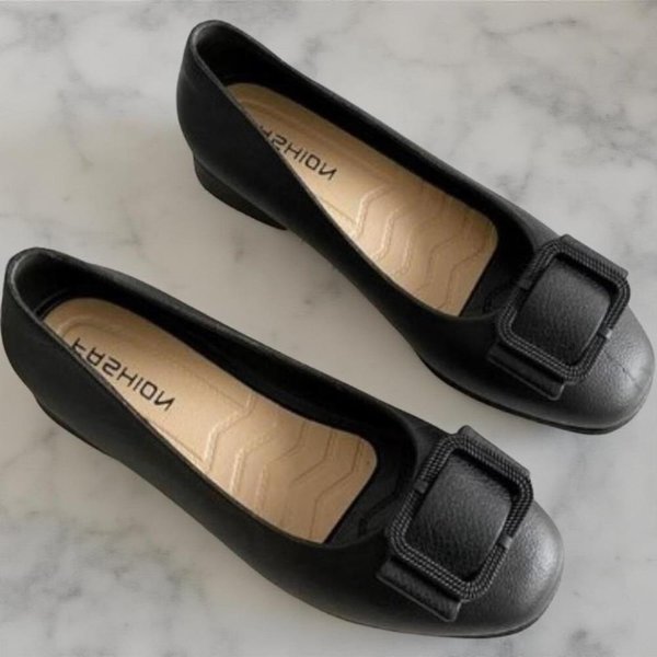 [옷자락] 여성 클래식 무지 색상 빅버클 스퀘어토 리본 플랫슈즈