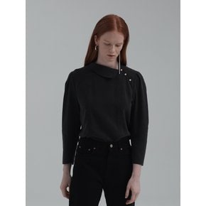 ASYMMETRIC COLLAR PUFF SLEEVE BLOUSE (CHACOAL)