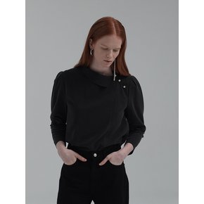 ASYMMETRIC COLLAR PUFF SLEEVE BLOUSE (CHACOAL)