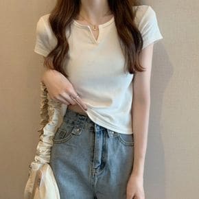 여성 반팔 티셔츠 라운드 캡소매 브이넥 스판 홈웨어