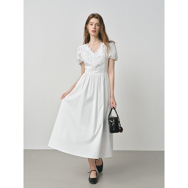 WD_Flower v-neck puff sleeve dress_WHITE