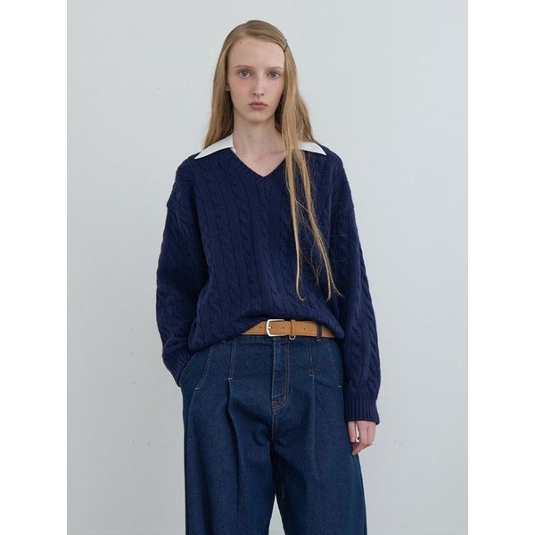 Shirt Collar V-Neck Knit Navy