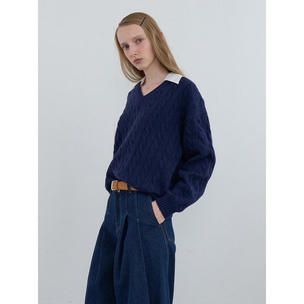 Shirt Collar V-Neck Knit Navy