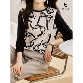 리본 프린트 배색 니트 BI3LK017_P372352777