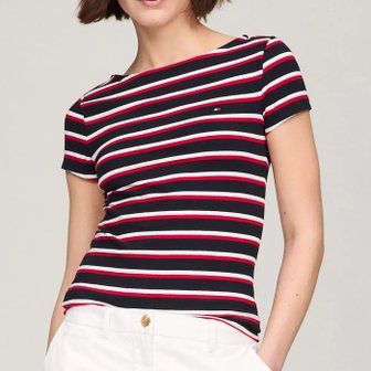 타미힐피거 여성 보트넥 Stripe 반팔티셔츠 Navy Red