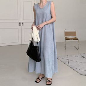 여신핏 잔주름 브이넥 민소매 맥시 롱 원피스 스트링추가 리조트룩 데일리룩_P420888685