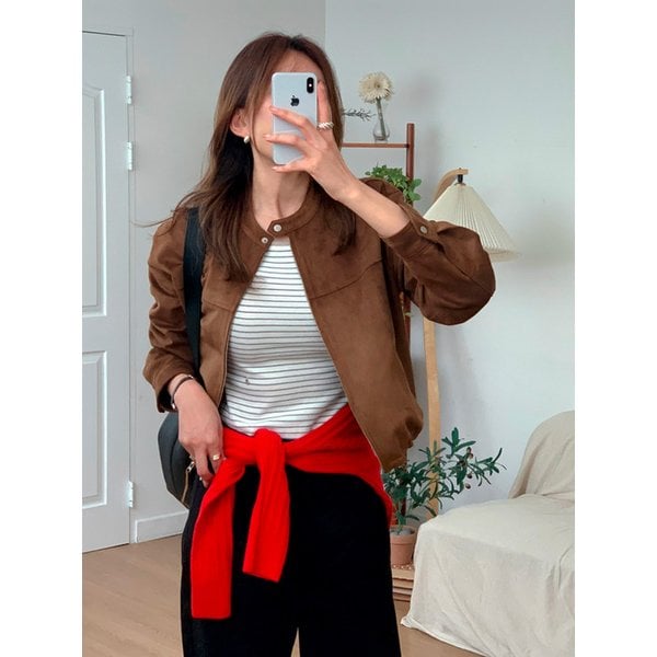 Stand Neck Suede Blouson Jacket Brown AT5JUF046BW