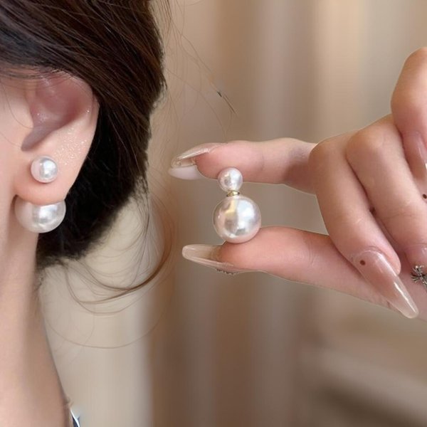 [옷자락] 여자 패션 블링 스터드 왕진주 더블 귀걸이