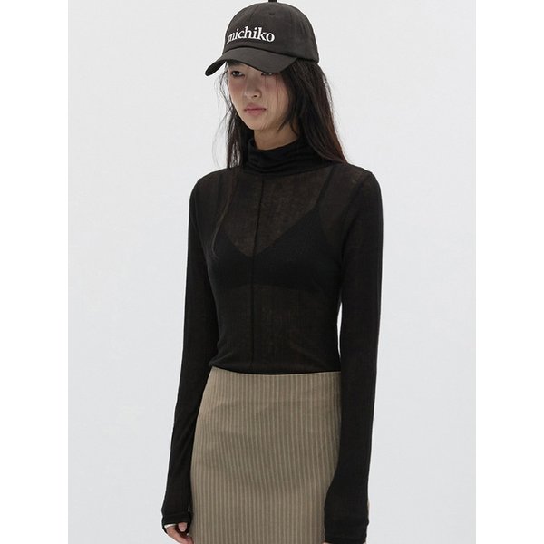 SHEER WOOL TURTLENECK TOP BLACK