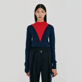 ZOE V-Point Mockneck Knit Pullover - Navy/Red