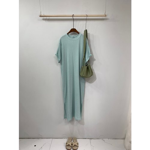 (77가능)주시 엠보 주름 트임 반팔 롱 원피스 4color