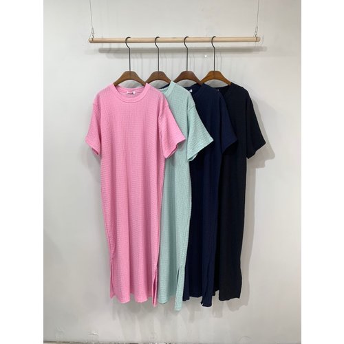(77가능)주시 엠보 주름 트임 반팔 롱 원피스 4color