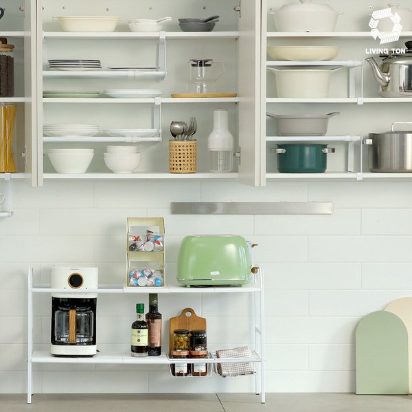 (13종)리빙톤 길이조절 다목적 주방선반 세트 하부장 선반 끼우는 걸이 언더선반