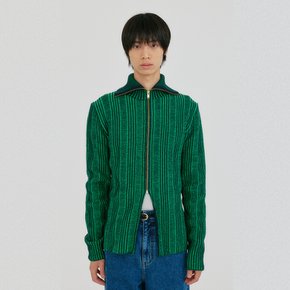 ZIDAN High Neck Zip Knit Cardigan - Green/White Stripe