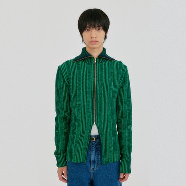 EENK ZIDAN High Neck Zip Knit Cardigan - Green/White Stripe