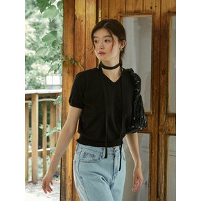 Pale v neck ribbon choker summer knit - black