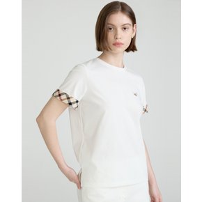 [25SS] [55%세일]화이트 닥스훈트 로고 자수 체크 배색 반소매 티셔츠 DLTS5BE31OW