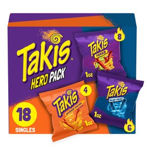 Takis타키스 18팩 / 510g 한입 사이즈 히어로 버라이어티 팩, 다양한 롤 토르티야 칩