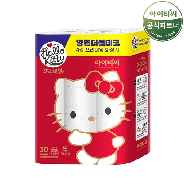 헬로키티 프리미엄 레드 4겹 화장지 (30M 30롤x1팩) 총 30롤