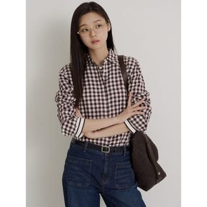 [26SS 시즌오프 30%]리넨 깅엄체크 슬림숏 셔츠 - 브라운 (BF6364C07D)