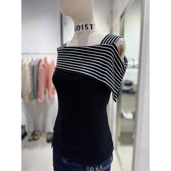 [여주점] 스트라이프 믹스 언발 오프숄더 티셔츠  ER2CH460