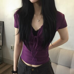 아멜리에 스트랩 리본 셔링 브이넥 슬림핏 크롭티3color