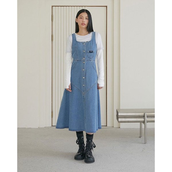 [시흥점] 여성 장식 비조 포인트 플레어 민소매 데님원피스(ER1DO160)