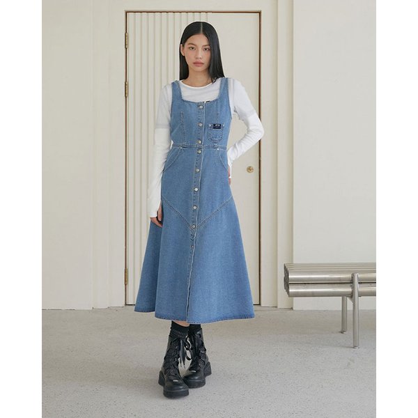 [시흥점] 여성 장식 비조 포인트 플레어 민소매 데님원피스(ER1DO160)