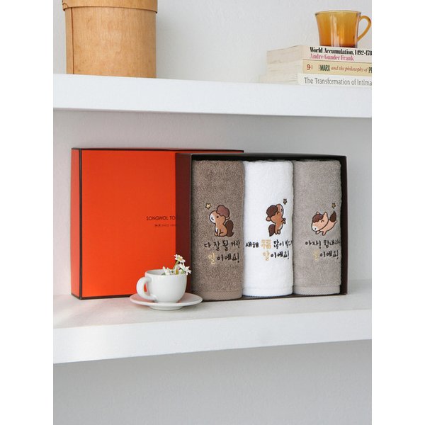 말자수 세면타올 150g 3매 선물세트 (OR상하+쇼핑백)